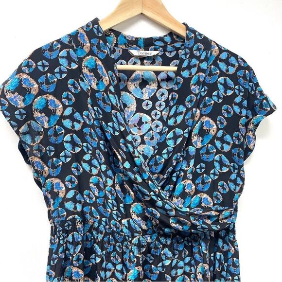 Tucker 100% Silk short sleeved dress, Women's size Large, blue black knee-length - Picture 2 of 12